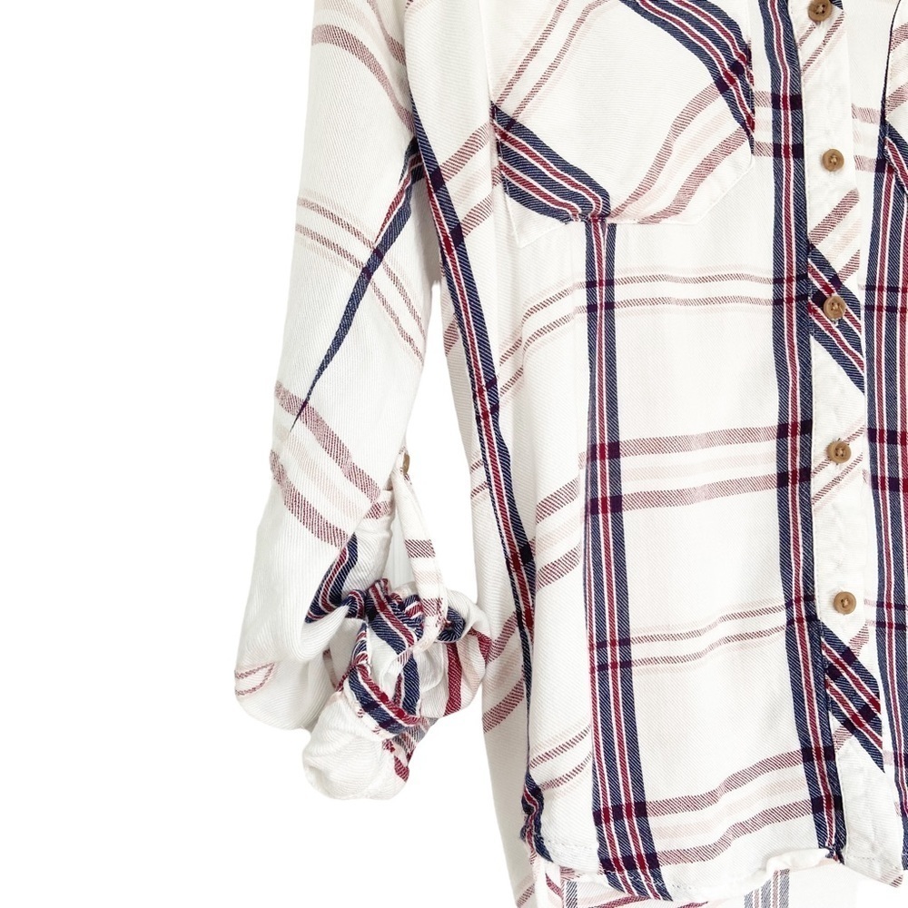 Design Lab Women’s Button Down Plaid Flannel Shirt high low white navy XS - Picture 3 of 6